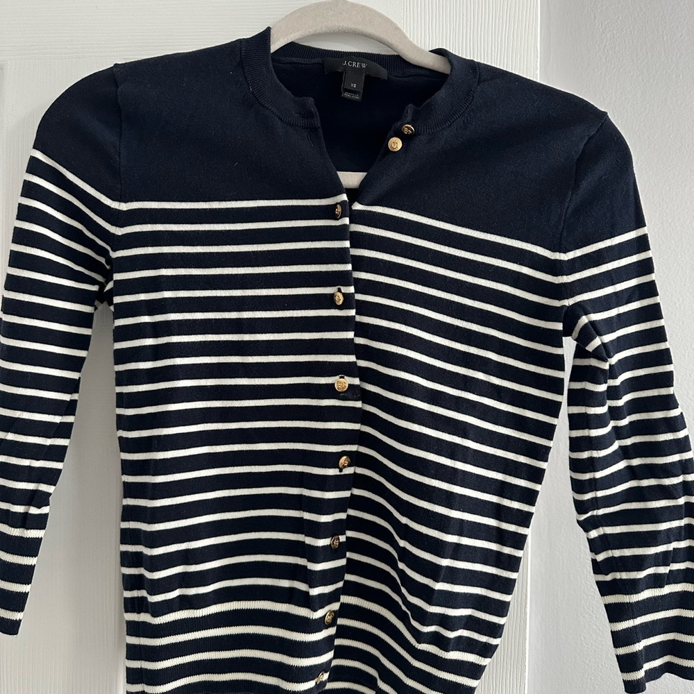 J Crew Striped Navy and White Cardigan